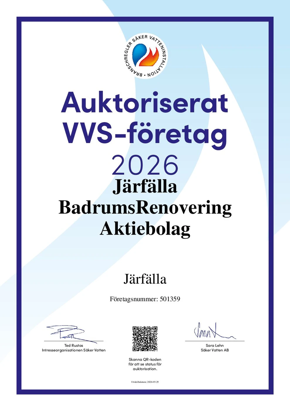 Auktoriserat VVS-företag 2026 – Säker Vatten-intyg för Järfälla BadrumsRenovering Aktiebolag